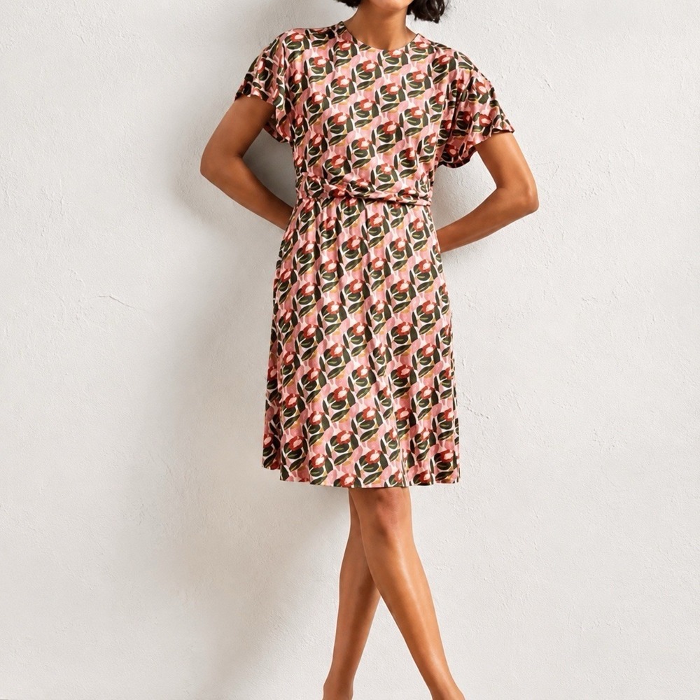 Boden Flutter Sleeve Floral Jersey Dress US 12 Retro Mod Artsy Scandi Dopamine